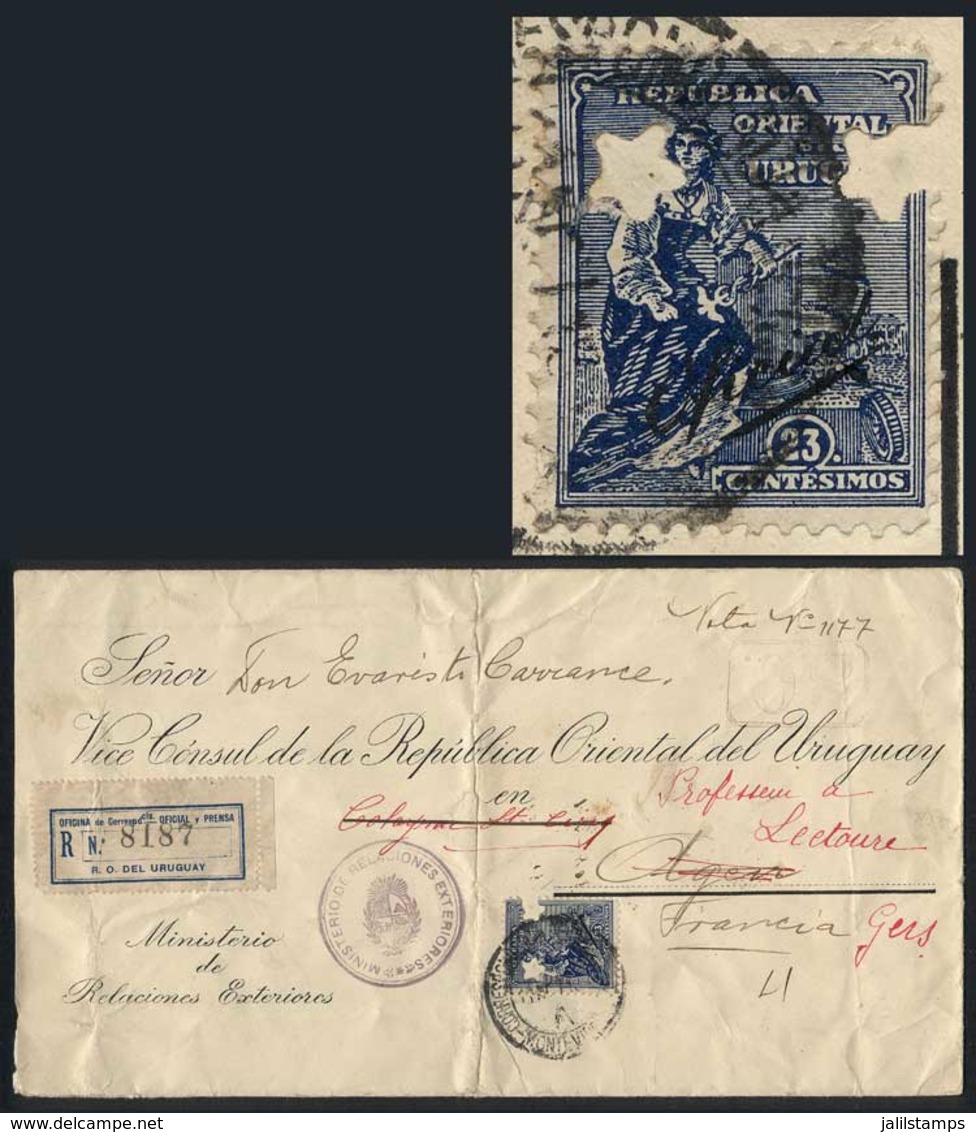 URUGUAY: Registered Cover Sent To France On 11/NO/1916, Franked By Sc.O122 With Two Star-shapped Punch Holes, Little Def - Uruguay