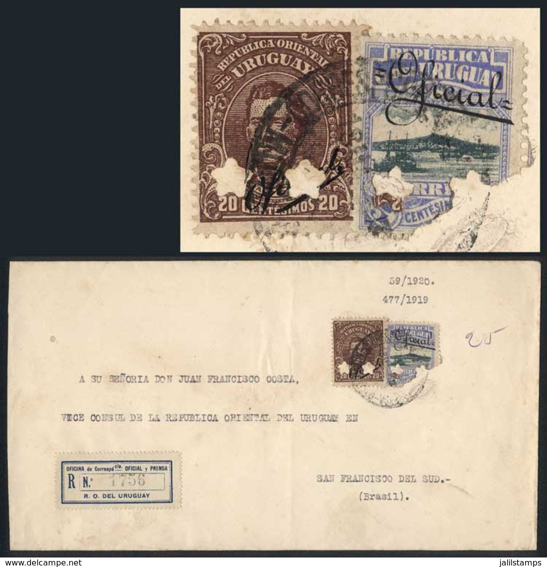 URUGUAY: Registered Cover Sent To Brazil On 18/FE/1920, Franked By Sc.O121 + O126 (with Defects), Both With Two Star Pun - Uruguay