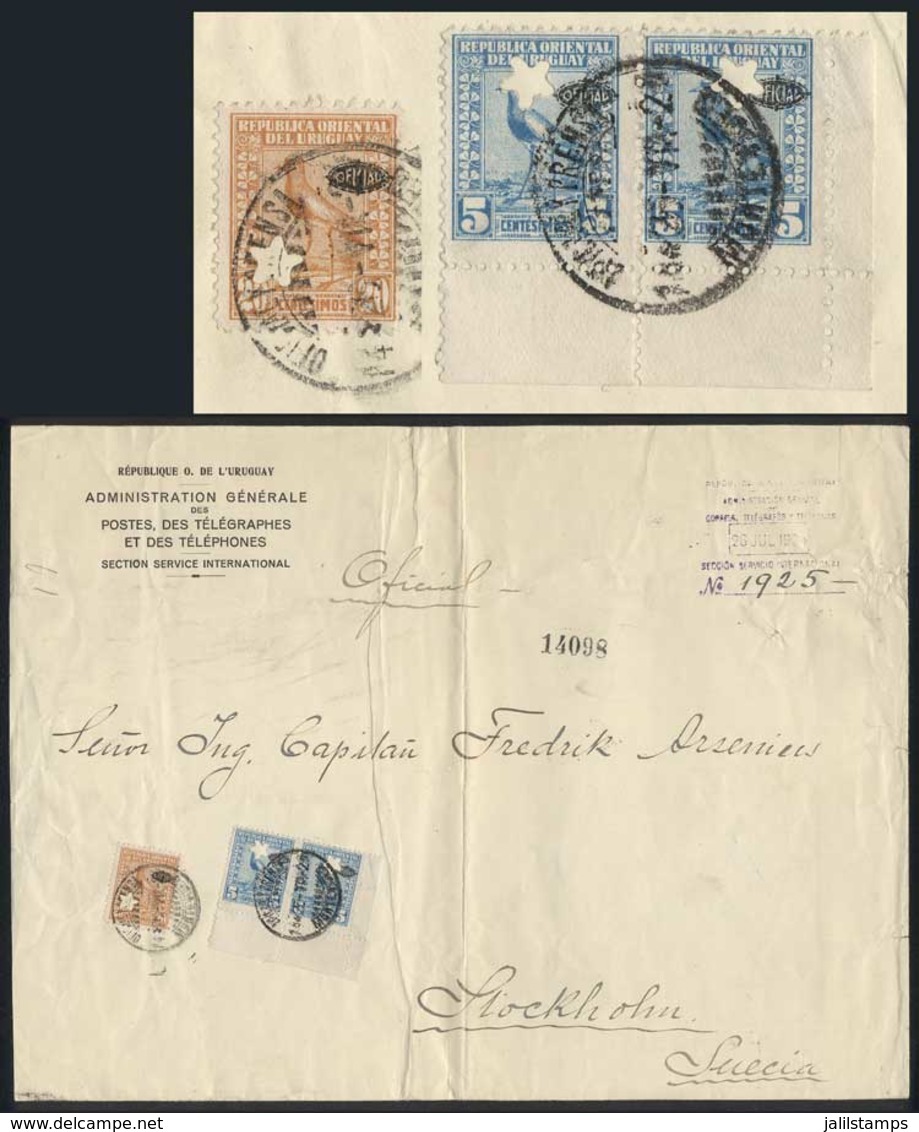 URUGUAY: Large Cover Of The Post Of Uruguay Sent To Sweden On 26/JUL/1924, Franked With 30c. Consisting Of Sc.O133 Pair  - Uruguay
