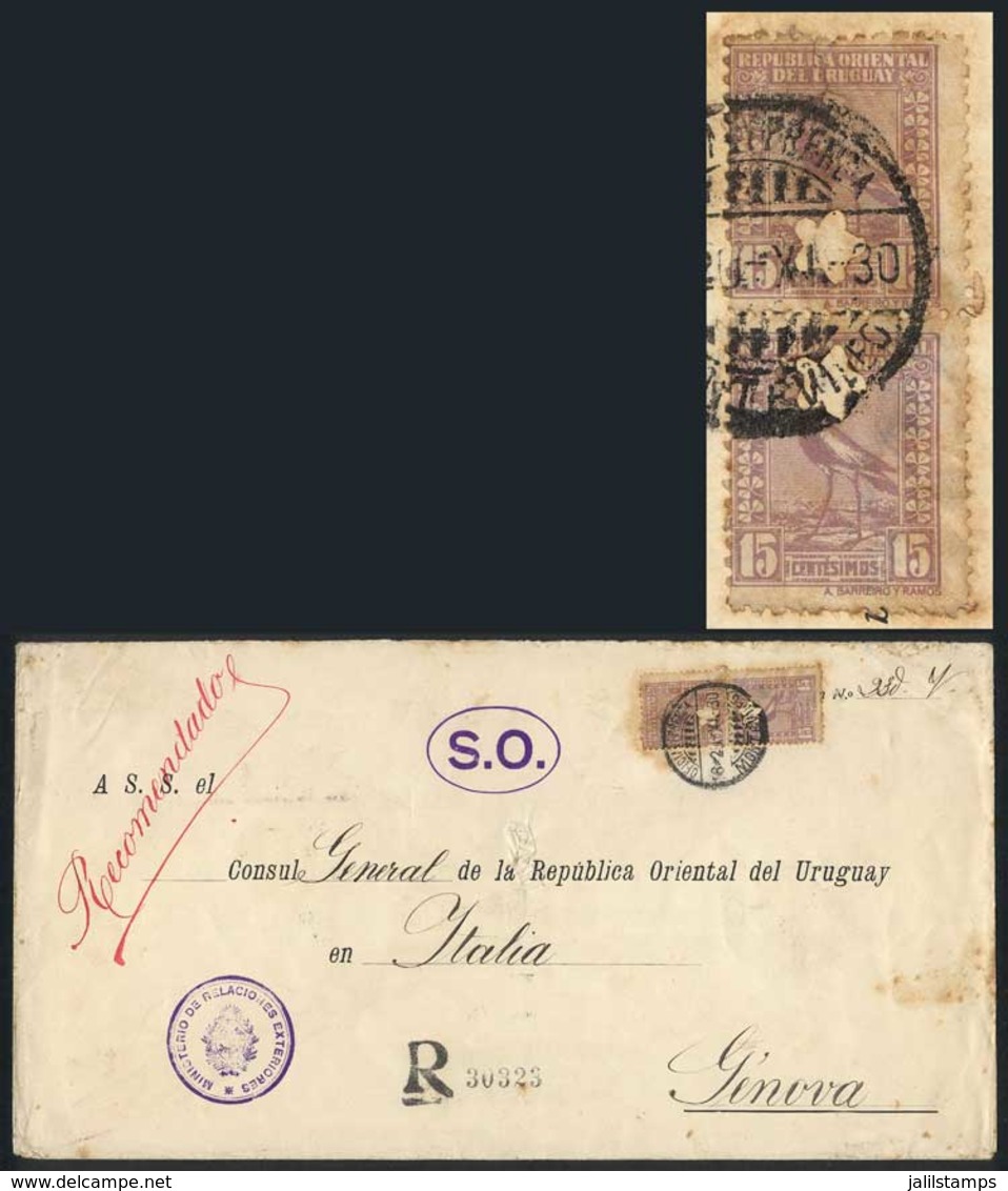 URUGUAY: Registered Cover Sent To Italy On 20/NO/1930, Franked By Pair Of Regular Mail Stamps Sc.293 With A Star Punch H - Uruguay