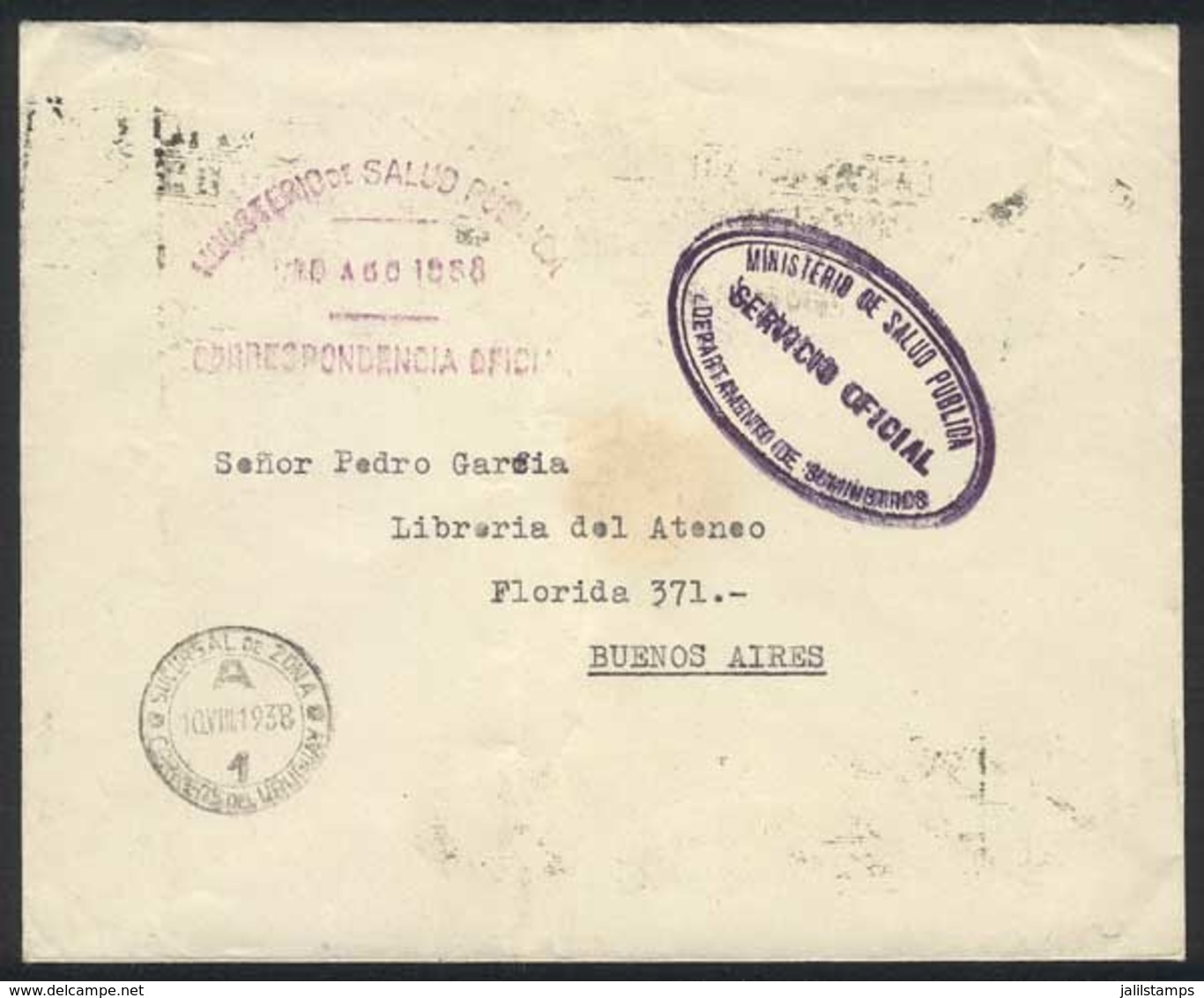 URUGUAY: Cover Of The Ministry Of Public Health Sent Stampless To Argentina On 10/AU/1938, Datestamped "SUCURSAL DE ZONA - Uruguay