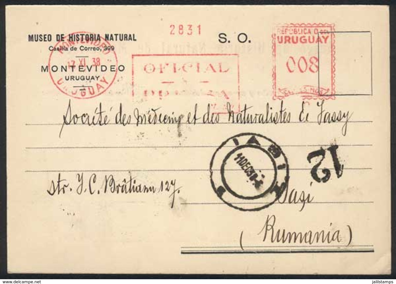 URUGUAY: Card Of The Museum Of Natural History Sent To ROMANIA On 12/NO/1938, With Meter Postage Of 8c. With Inscription - Uruguay