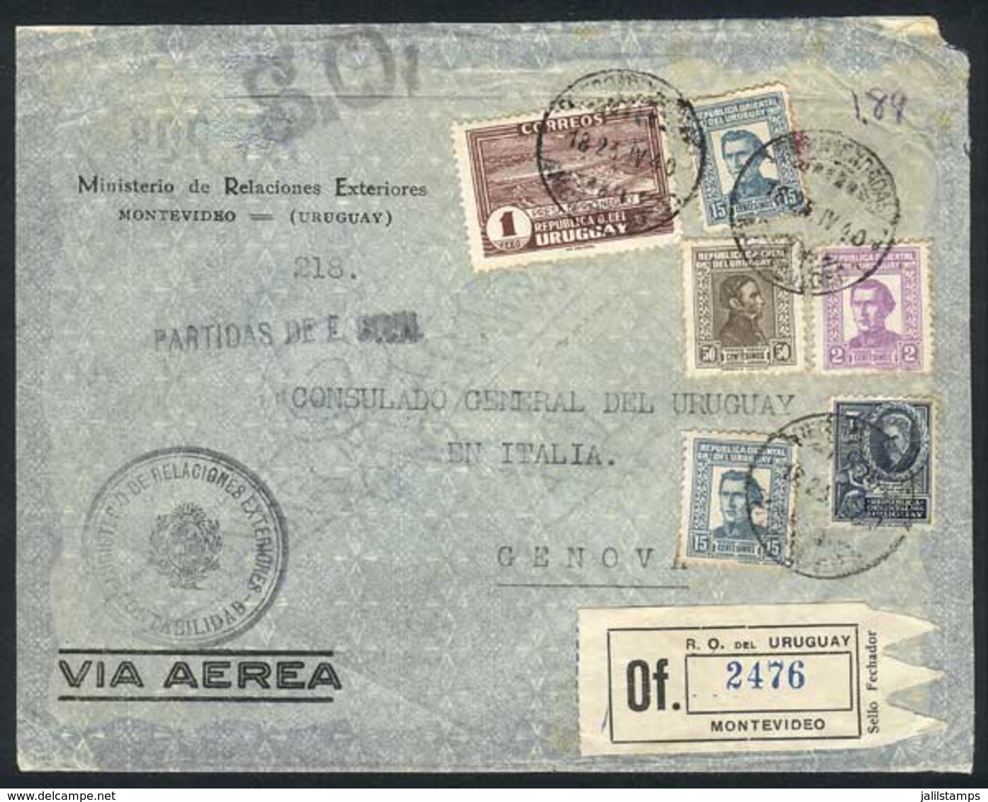 URUGUAY: Registered Air Mail Cover Of The Ministry Of Foreign Affairs Sent To Italy By Official Mail, Franked $1.89 In R - Uruguay