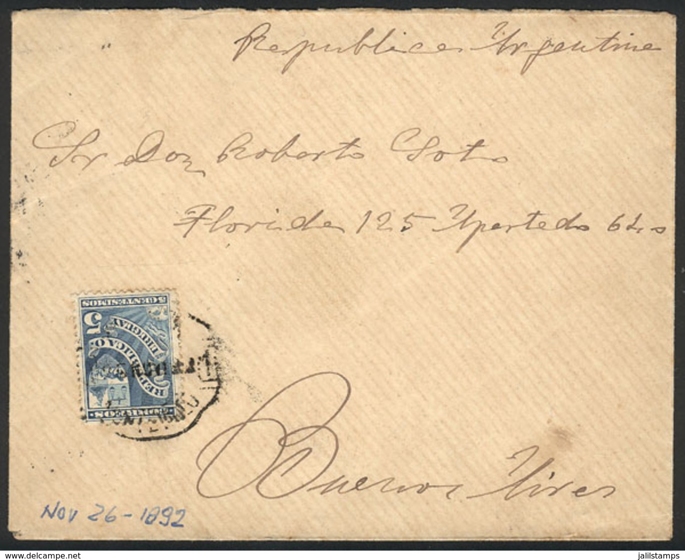 URUGUAY: Cover Franked With 5. And Sent From Montevideo To Buenos Aires On 25/NO/1892, VF Quality! - Uruguay