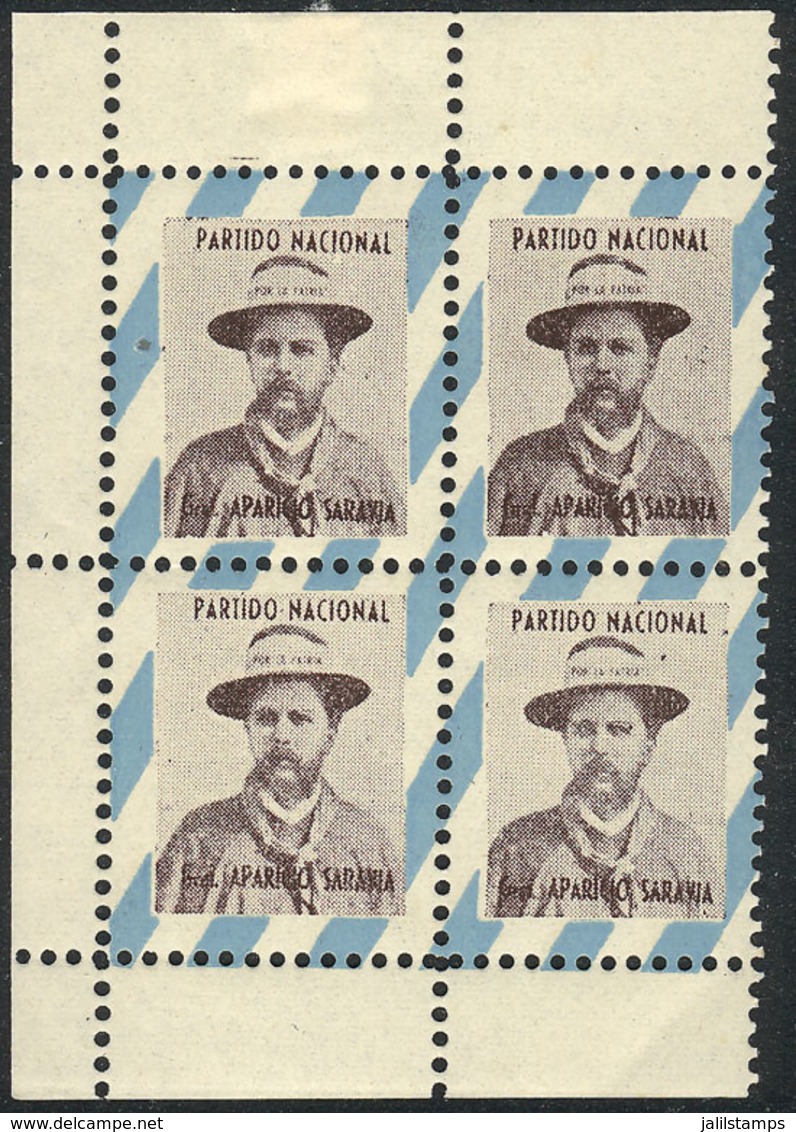 URUGUAY: Block Of 4 Of An Old Political Cinderella Of The Partido Nacional, Illustrated With Gral. Aparicio Saravia, VF  - Uruguay