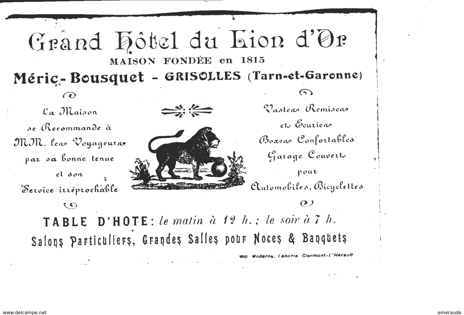 GRISOLLES  Carte Commerciale GRAND HÔTEL DI LION D'OR - Grisolles