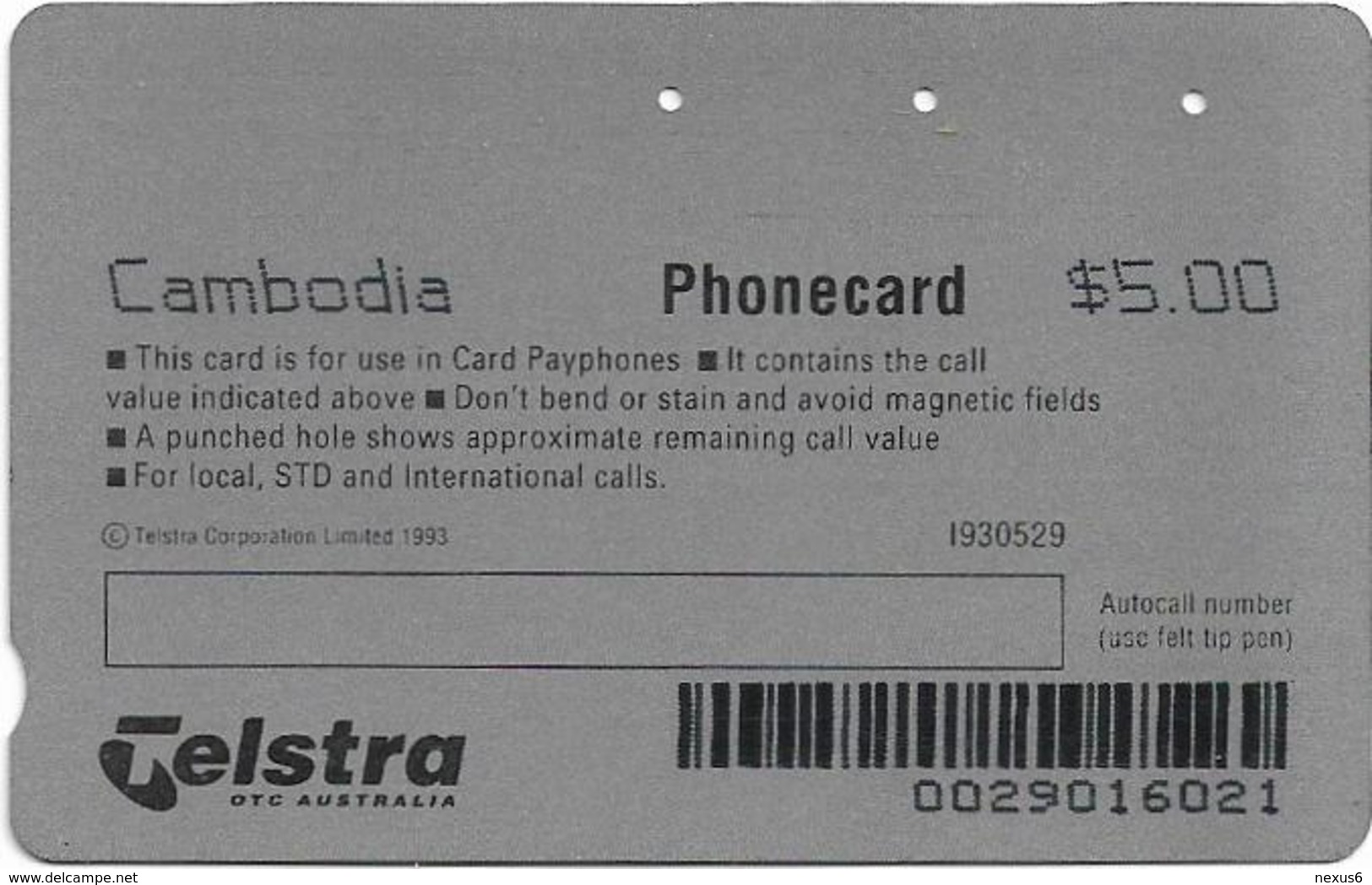 Cambodia - Telstra - Anritsu - Satellite (With Barcode, Small $), 5$, 1993, 30.000ex, Used - Cambogia