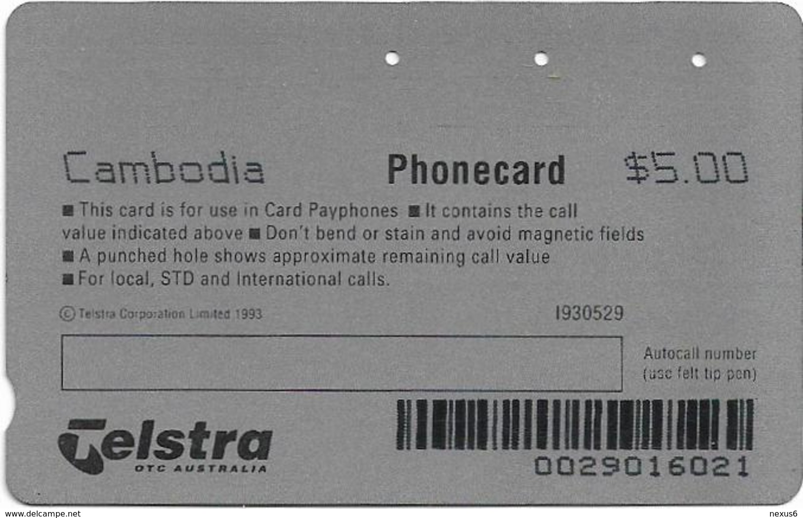 Cambodia - Telstra - Anritsu - Satellite (With Barcode, Small $), 5$, 1993, 30.000ex, Used - Kambodscha