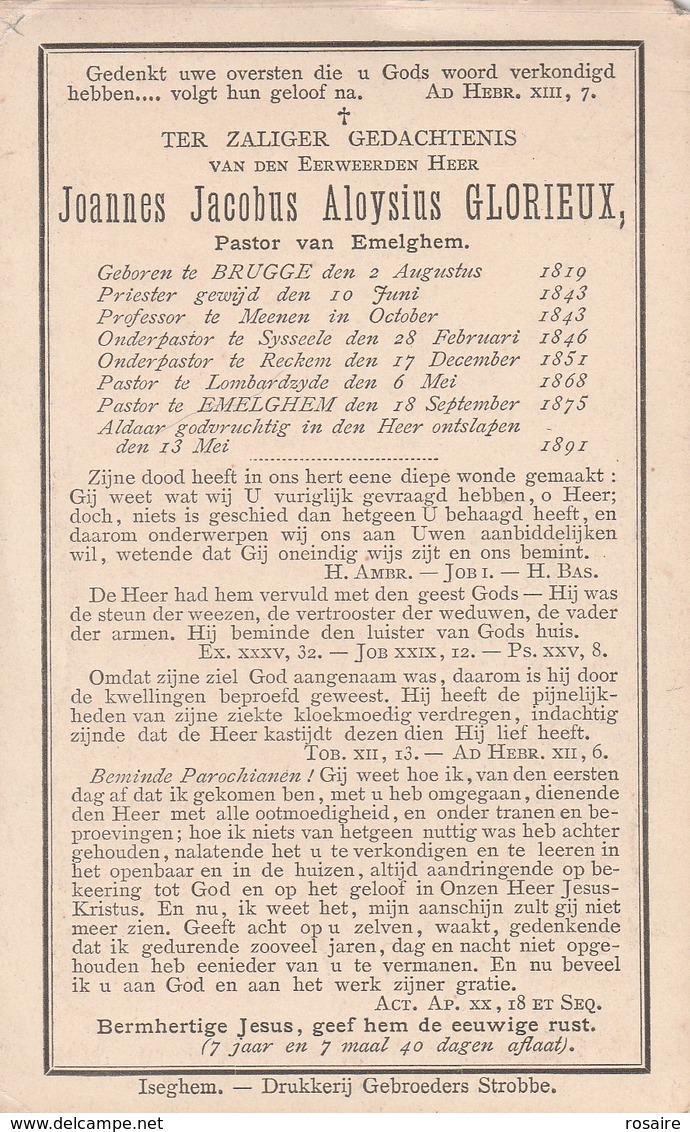 Dp  Pastor Glorieux-brugge 1819-meenen-sysseele-reckem-lombardzyde-emelghem 1891 - Devotieprenten