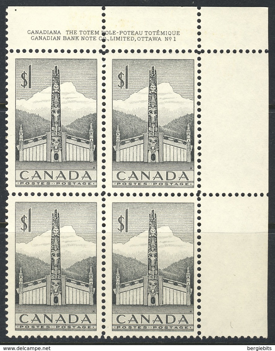 1953 Canada MNH OG UR Plate Block Of 4 Stamps 1 Dollar  "Totem Pole" Sc.321 - Unused Stamps