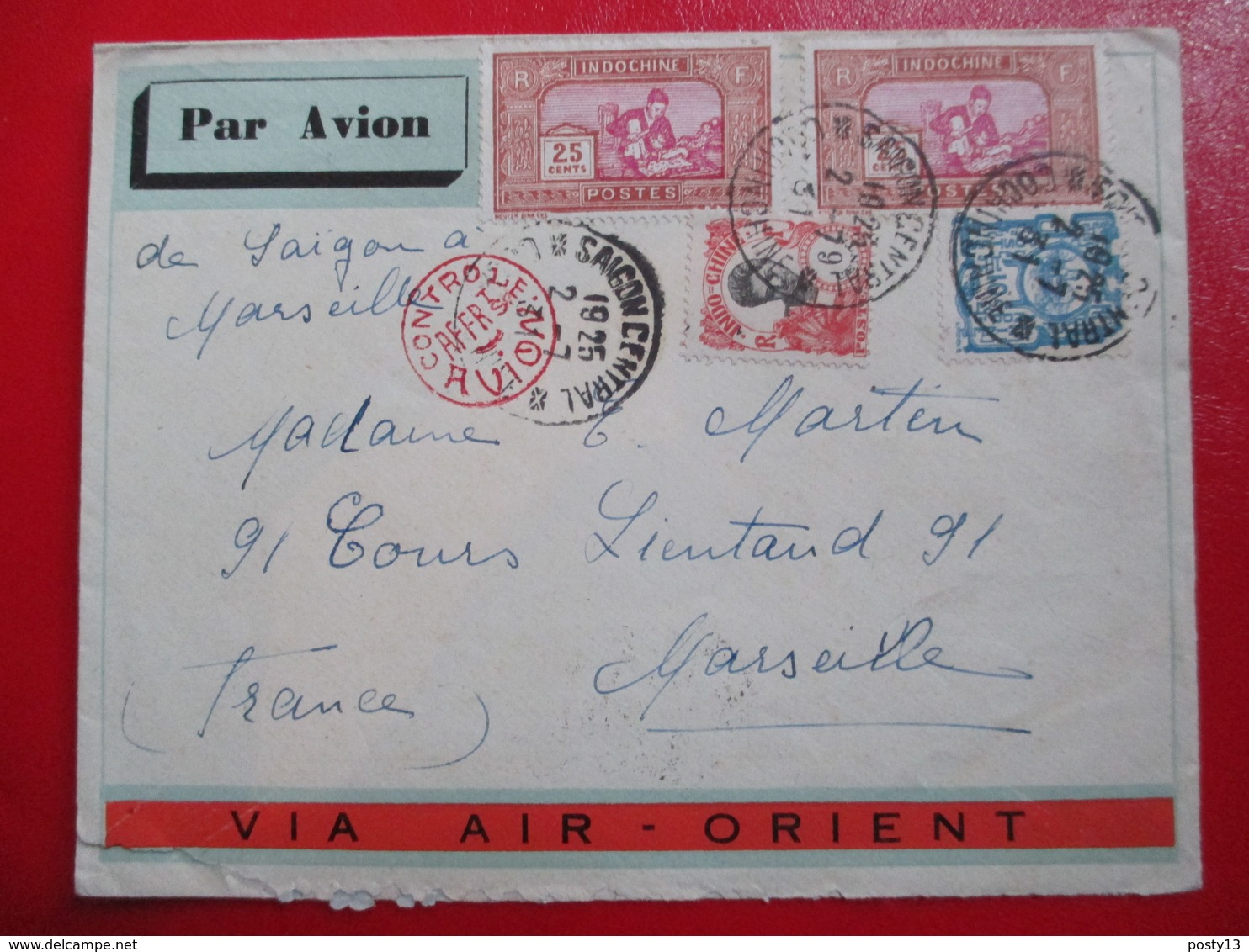 INDOCHINE- Divers Sur Lettre Par Avion Via Air-Orient - Cachet Rouge De Contrôle - 1931 - Briefe U. Dokumente