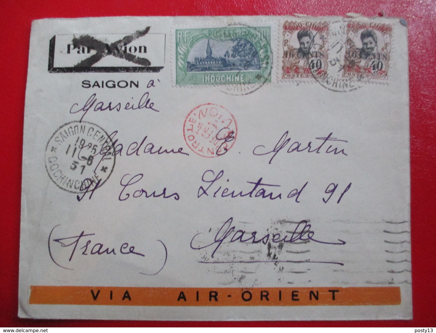 INDOCHINE- Divers Sur Lettre Par Avion Via Air-Orient - Cachet Rouge De Contrôle - 1931- Réunion Officiers Saïgon - Storia Postale