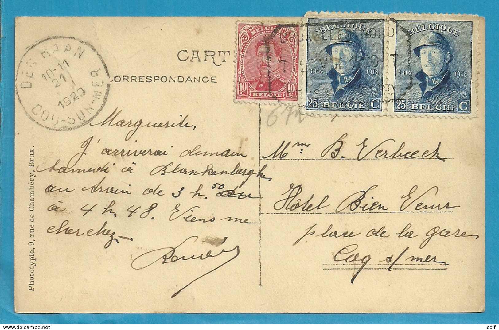 138+171 Op Kaart Per EXPRES Met Telegraafstempel BRUXELLES-NORD Met Als Aankomst Stempel DEN HAAN / COQ-SUR-MER - 1919-1920 Roi Casqué