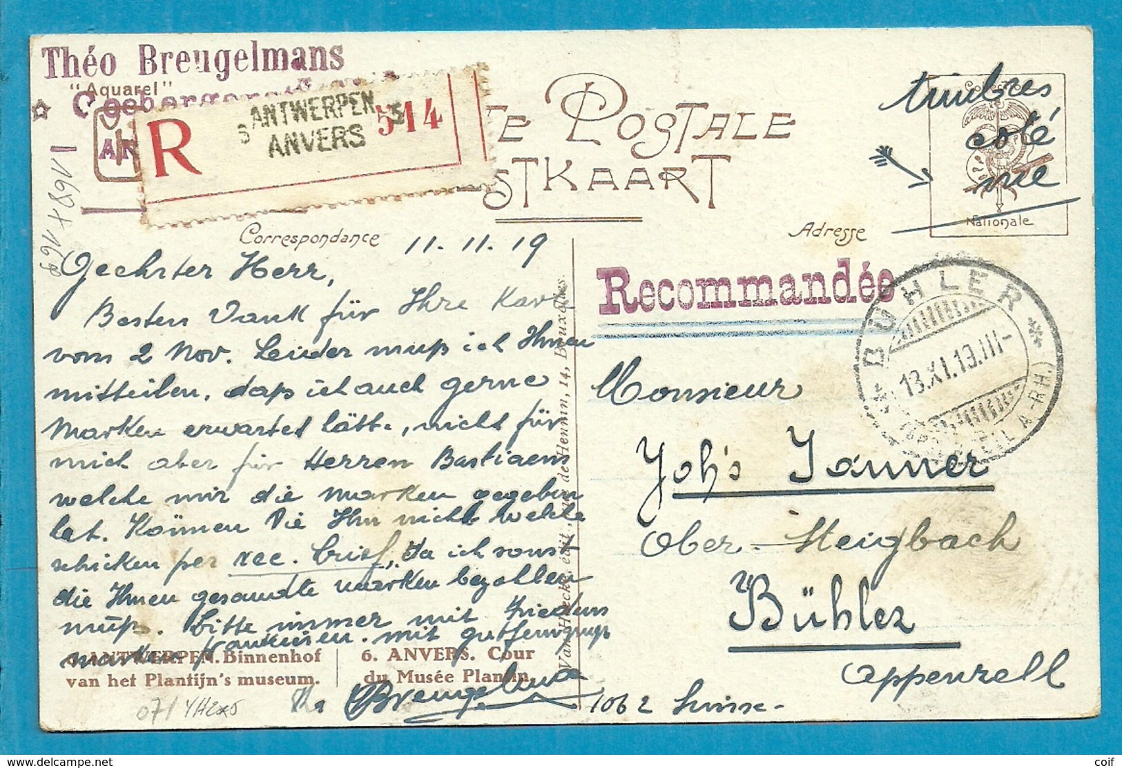 135+136+137+168+169 Op Kaart Aangetekend Stempel ANTWEERPEN 5 Naar BUHLER (Suisse) - 1919-1920 Roi Casqué
