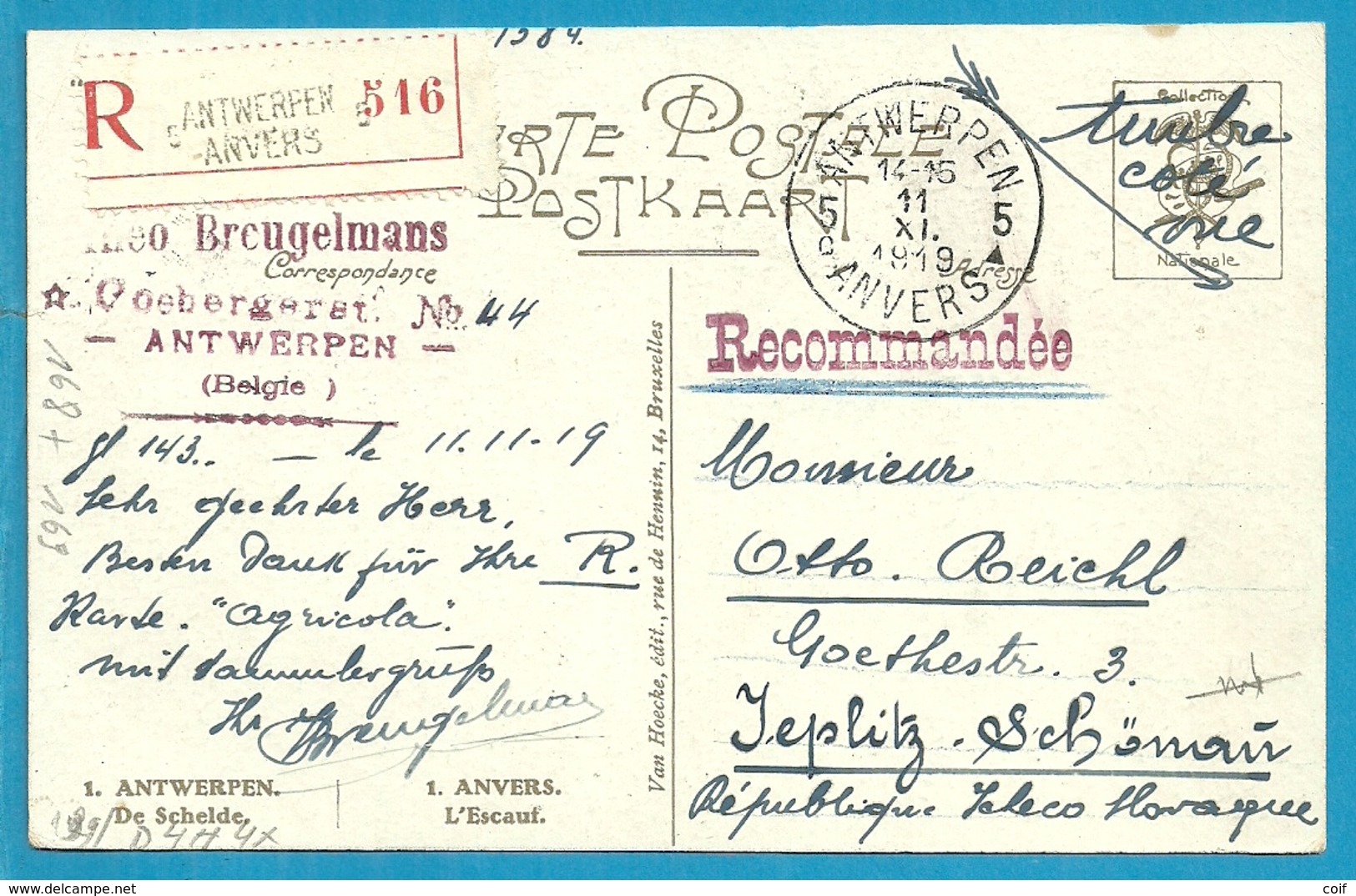 138+168+169 Op Kaart Aangetekend Stempel ANTWEERPEN 5 Naar Tchecoslovaque - 1919-1920  Cascos De Trinchera