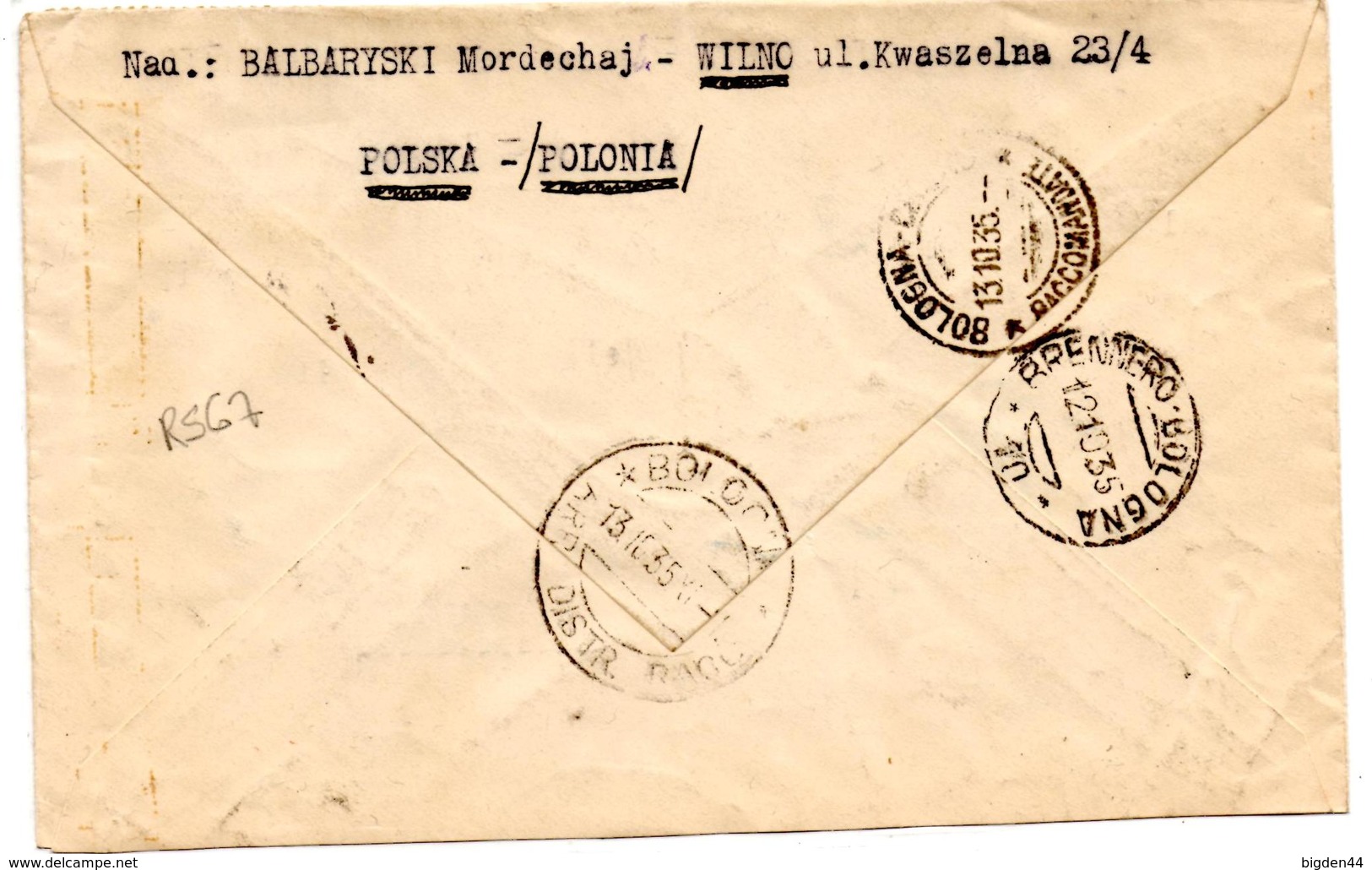 Lettre Recommandée De Wilno Vilnius (10.10.1935) Pour Bologne Italie Ambulante Brennero - Lettres & Documents