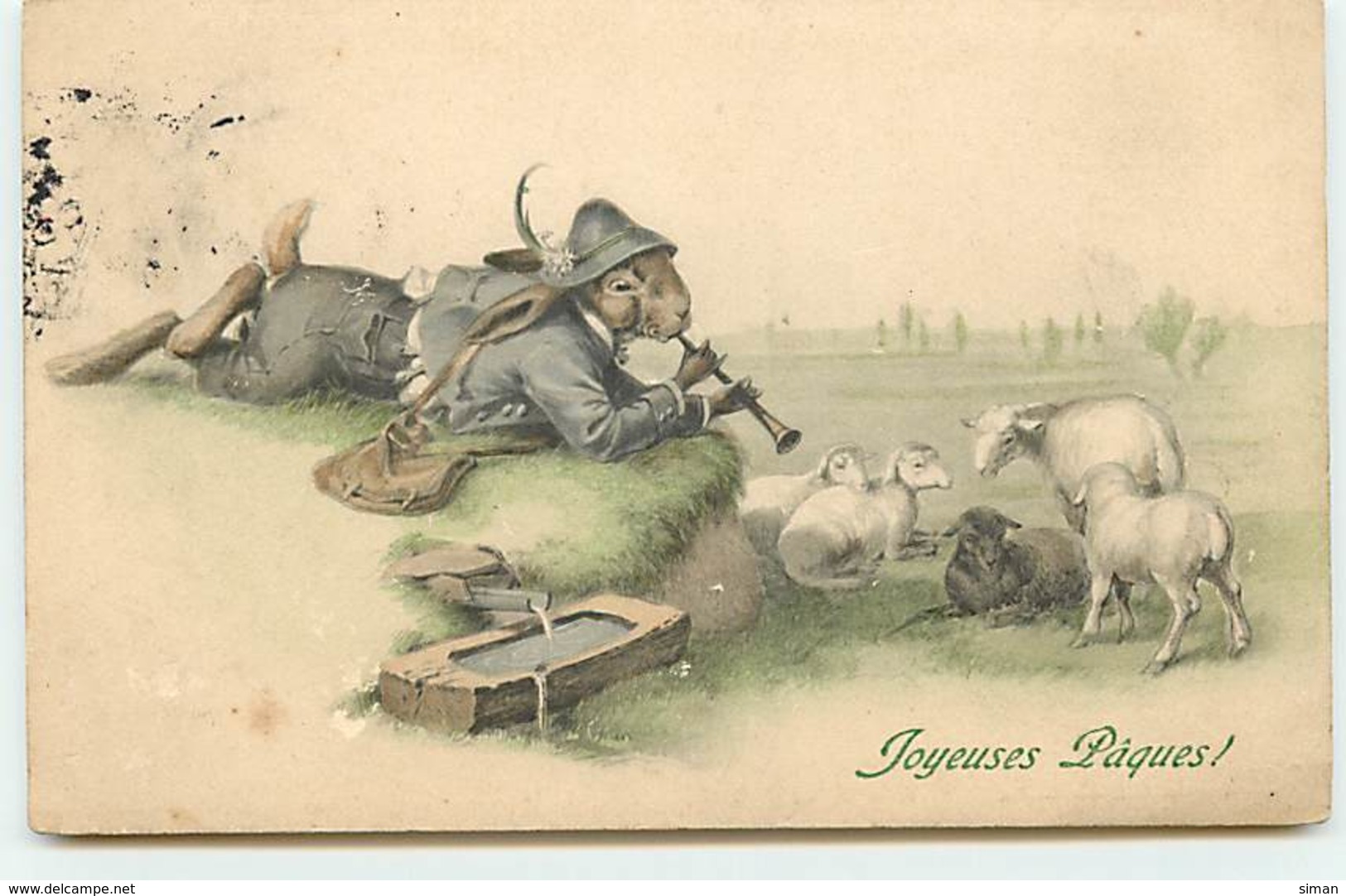 N°12477 - MM Vienne N°347 - Joyeuses Pâques - Lièvre Habillé Jouant Du Pipeau Pour Des Moutons - Pâques