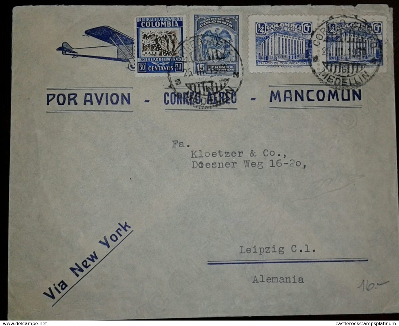 O) 1939 COLOMBIA, CORREO MANCOMUN VIA NEW YORK TO GERMANY, COFFEE  15c - PALACIO DE COMUNICACIONES, XF - Colombia