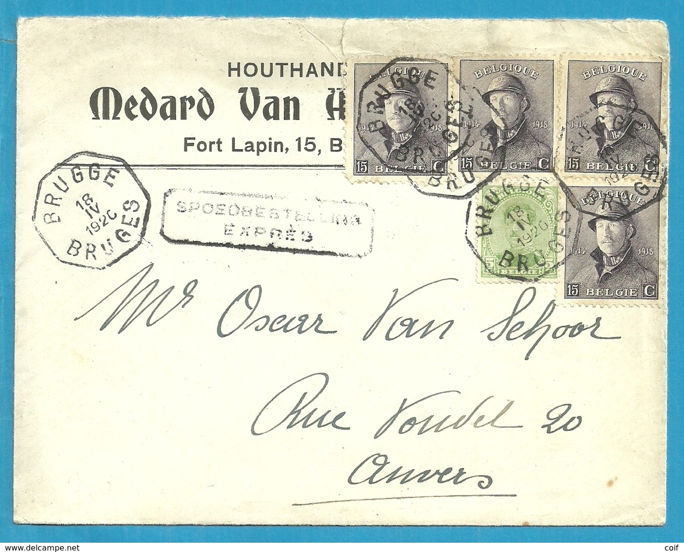 137+169 Op Brief Per EXPRES Met Telegraafstempel BRUGGE/ BRUGES - 1919-1920  Cascos De Trinchera