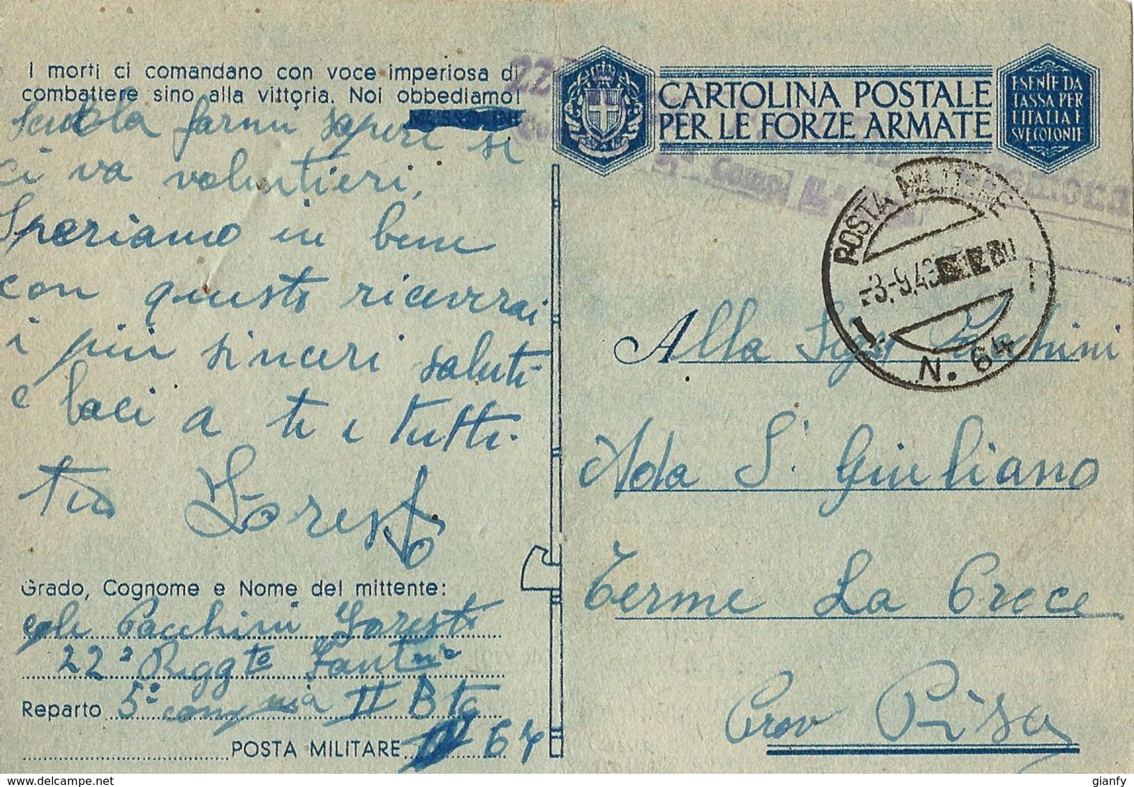 FRANCHIGIA WWII POSTA MILITARE 64 1943 CAURO CORSICA X PISA - Posta Militare (PM)