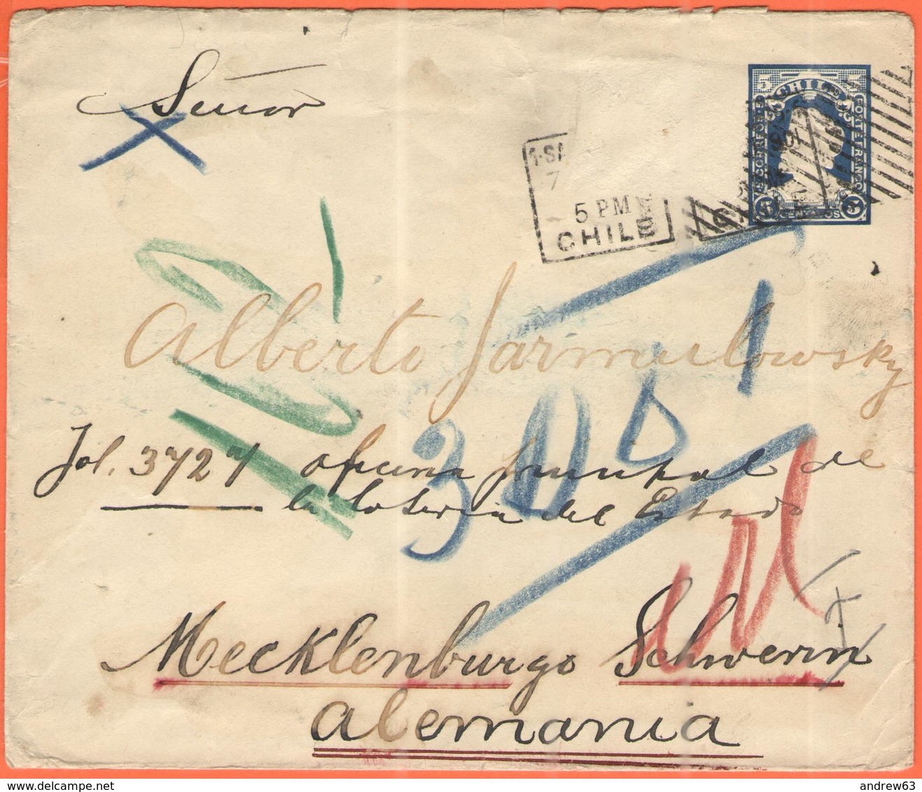 CILE - CHILE - 1901 - 5 Centavos + Missed Stamp - Intero Postale - Entier Postal - Postal Stationery - Viaggiata Da Sant - Cile