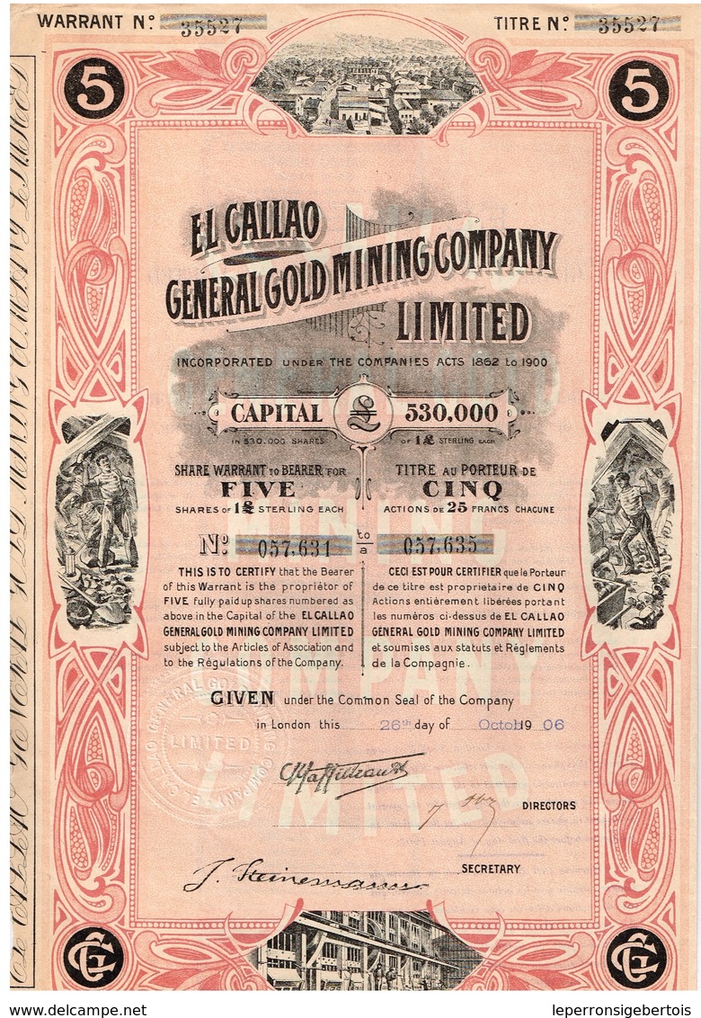 Titre Ancien - El Gallao General Gold Mining Company Limited - Titre De 1906 - Déco - Mines