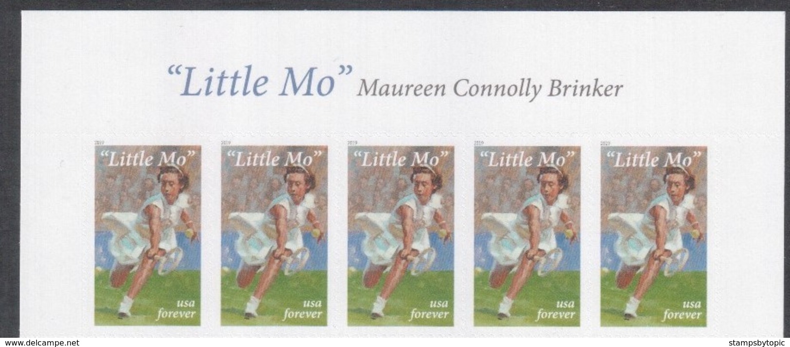 United States USA April 2019 Lil' Mo / Little Mo Tennis Player Upper Tab Strip Of 5 Self-Adhesive MNH ** Unfolded - Ungebraucht