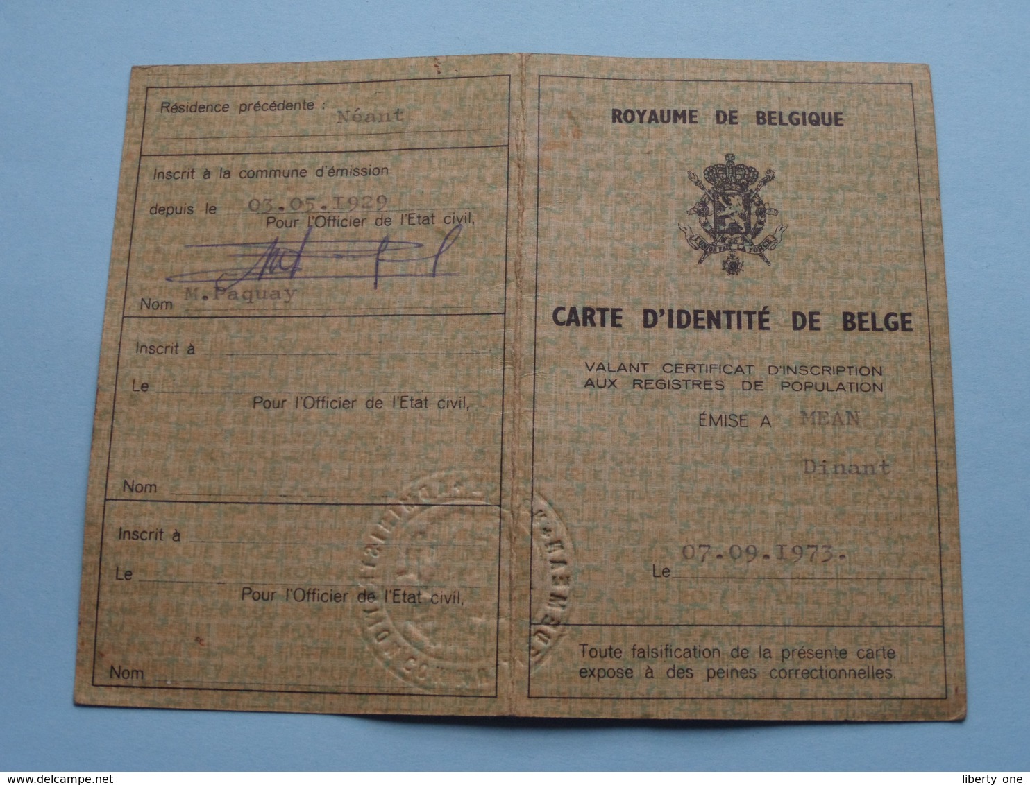 Carte D'identité De BELGE - MEAN (Dinant) 1973 - N° F 122023 - DUVIVIER Méan Le 03 Mai 1929 ( Zie Foto Details ) ! - Non Classés