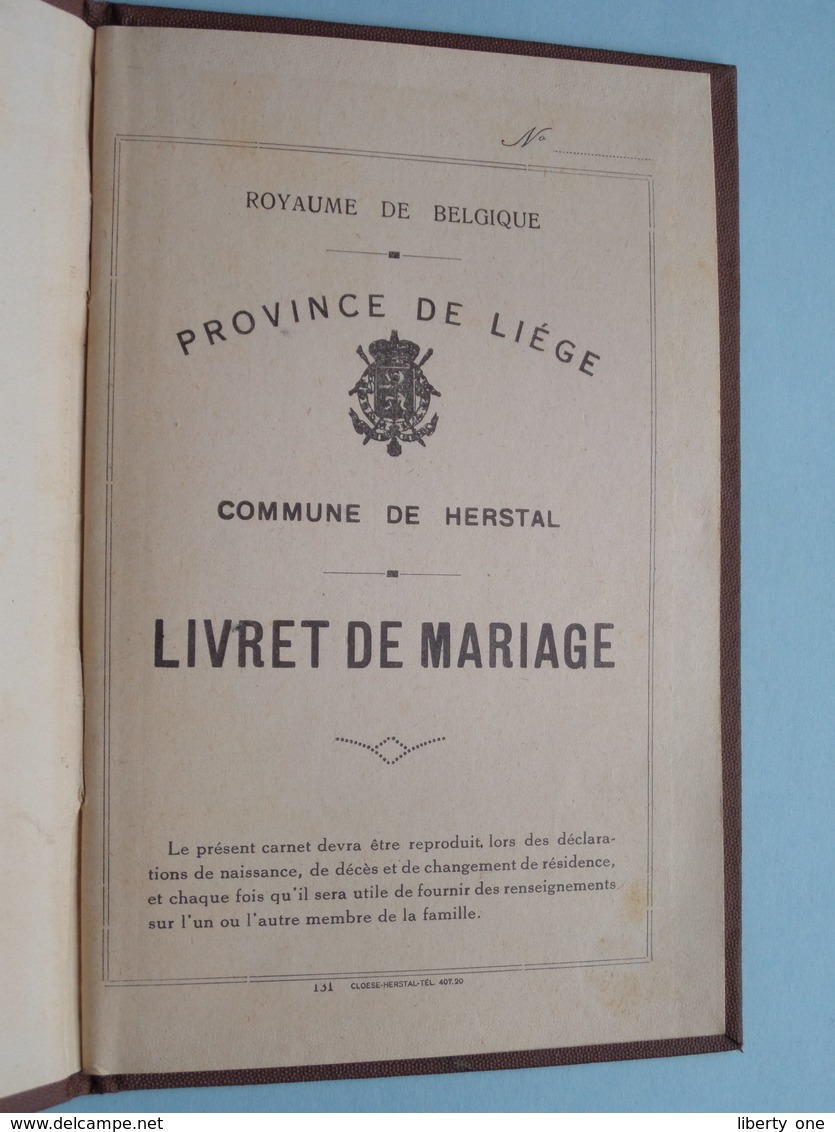 Carnet De MARIAGE - HERSTAL (Liège) 1936 - BERTRAND Julien 1876/1940 & BRAUN Marie 1885/1939 ( Zie Foto Details ) ! - Non Classés