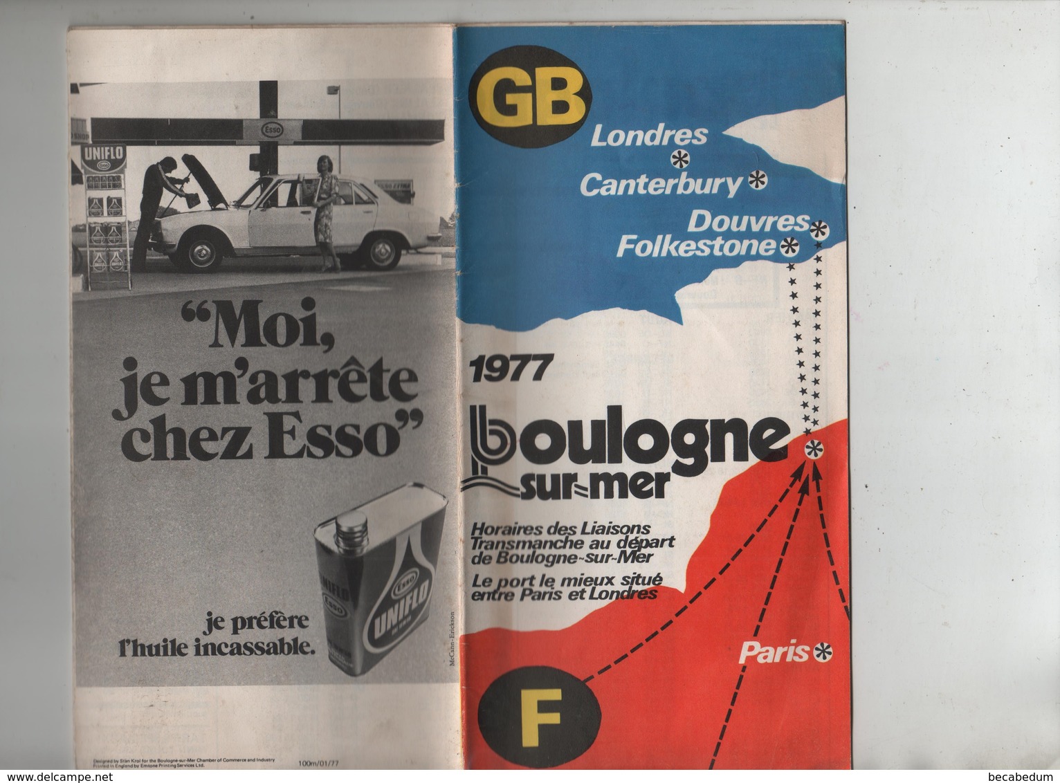 Boulogne Sur Mer GB Horaires Des Liaisons Transmanche Esso Aéroglisseur Aviation 1977 - Chemin De Fer