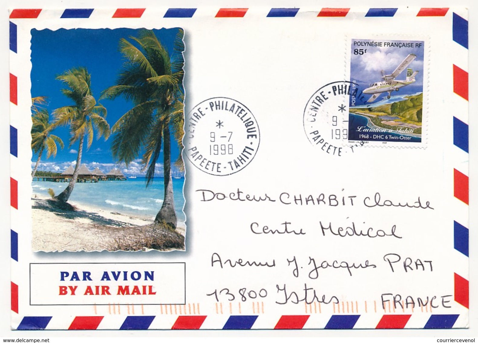 POLYNESIE FRANCAISE - Enveloppe Affr. 85F Aviation Oblitérée "CENTRE PHILATELIQUE -PAPEETE - TAHITI" 9-7-1998 - Lettres & Documents