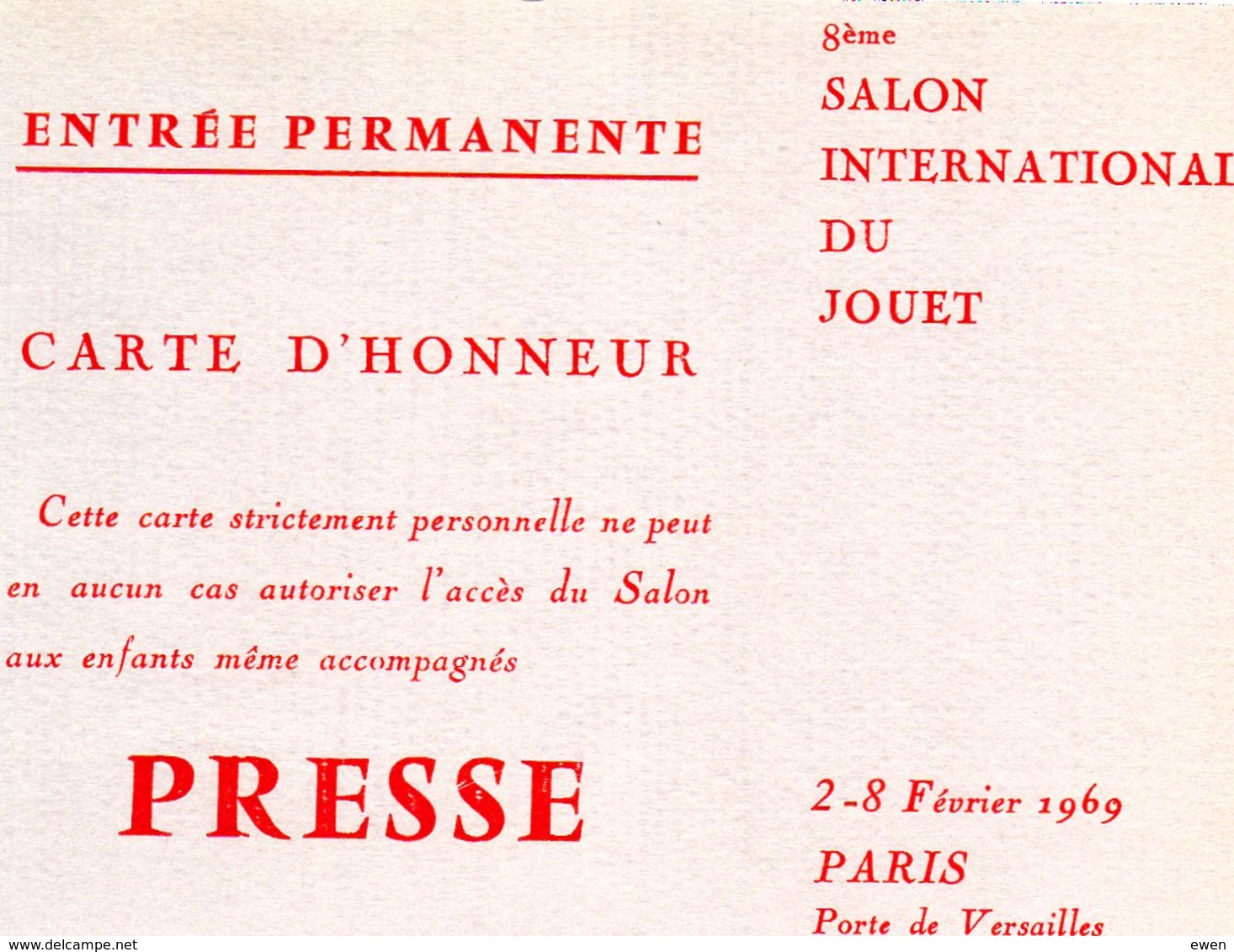 Salon International Du Jouet à Paris 1969. Billet Entrée Presse. - Tickets D'entrée