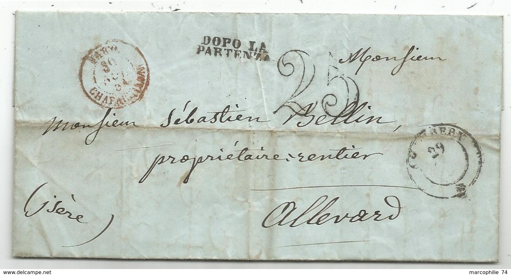 ISERE CACHET ENTREE SARD CHAPAREILLAN 1851 LETTRE CACHET SARDE CHAMBERY TAXE 25DT TARIF FRONTALIER ENSEMBLE RARE - 1849-1876: Période Classique