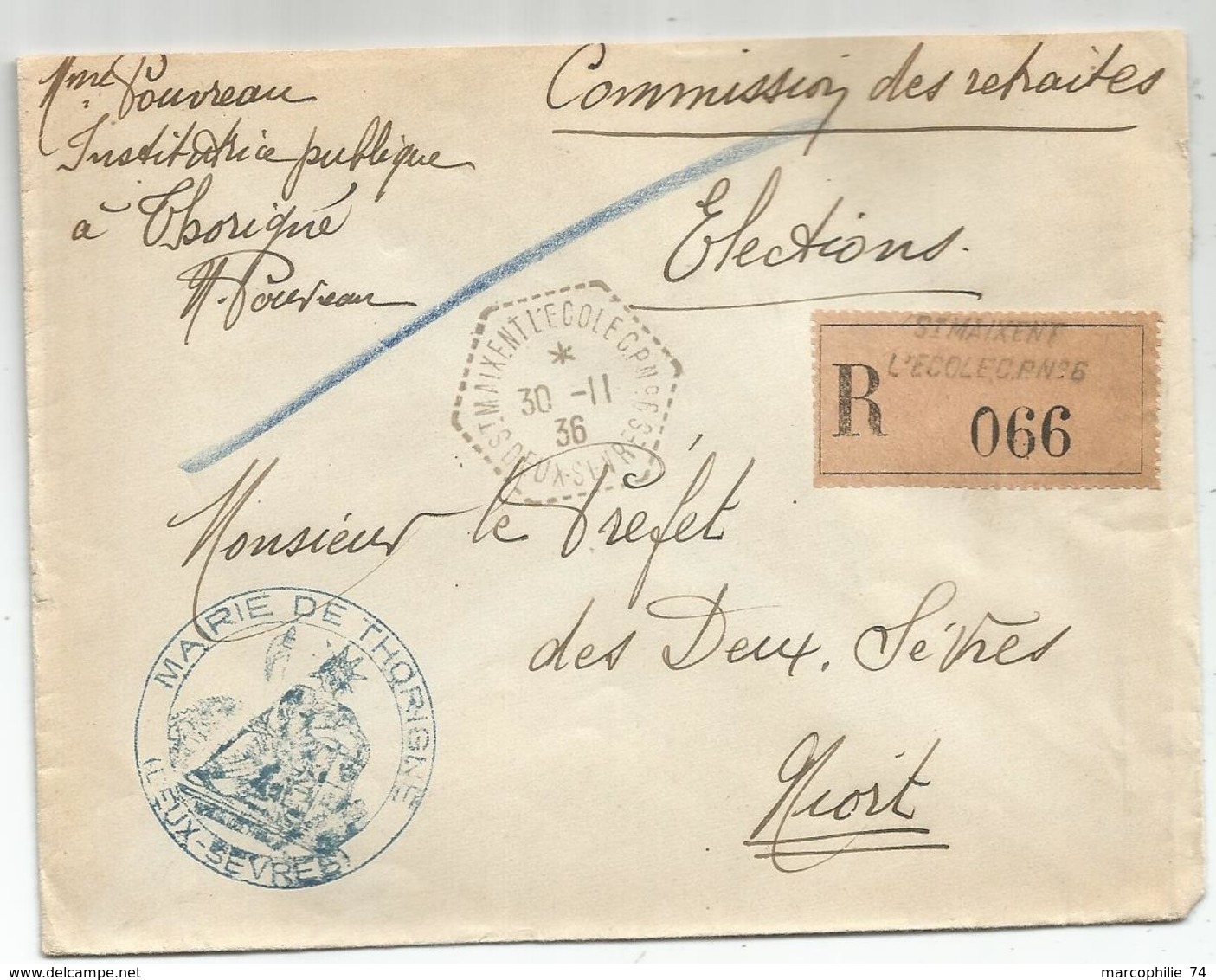 LETTRE REC FRANCHISE  MAIRIE THORIGNE ELECTION C. HEX PERLE ST MAIXENT L'ECOLE CPN°6  DEUX SEVRES 30.11.1936 RARE - Cachets Manuels