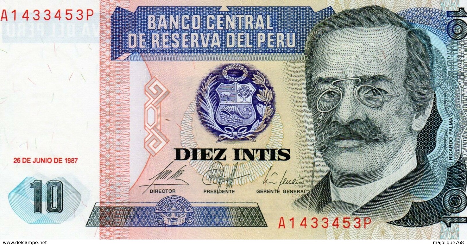 Billet De Banque Du Pérou 10 Intis, Type Ricardo. Palma Du 26 Juin 1987 - Neuf - Peru