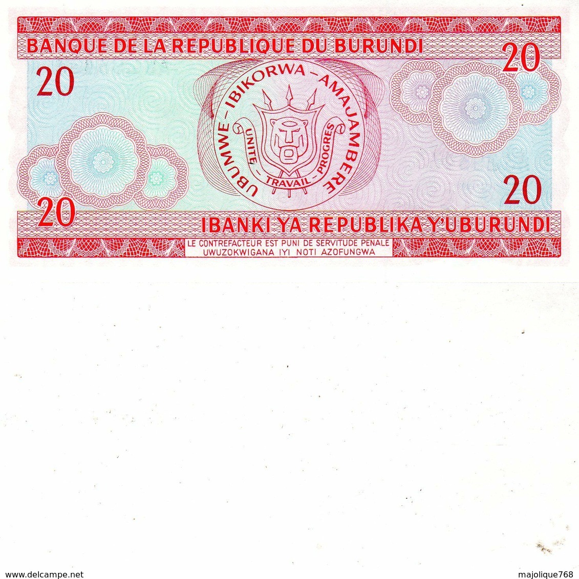 Billet De Banque De La République Du Burundi 20 Francs Du 1 Juin 1979 Neuf - Burundi