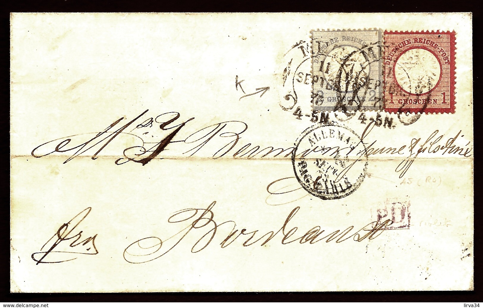 LETTRE ALSACE-LORRAINE OCCUPÉE- TIMBRES EMPIRE N°16-17- CAD FER A CHEVAL T.9 K + TAMPON BLEU + PD - 2 SCANS + INFO - Storia Postale