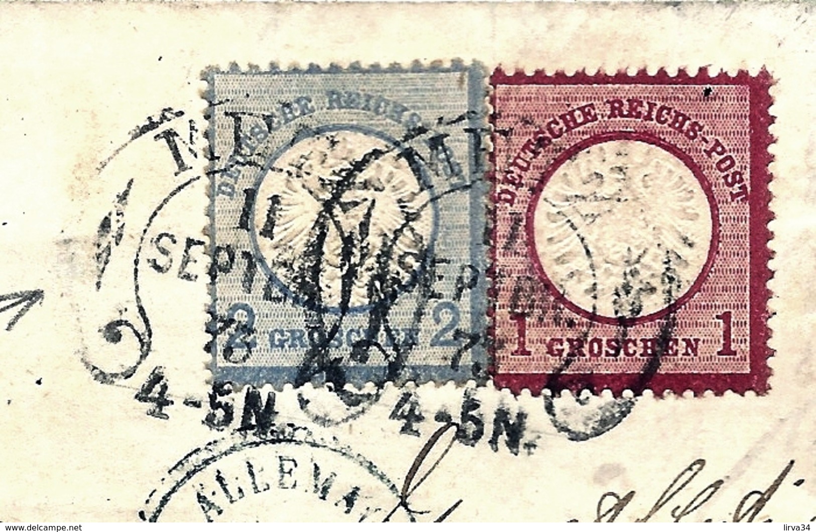 LETTRE ALSACE-LORRAINE OCCUPÉE- TIMBRES EMPIRE N°16-17- CAD FER A CHEVAL T.9 K + TAMPON BLEU + PD - 2 SCANS + INFO - Storia Postale