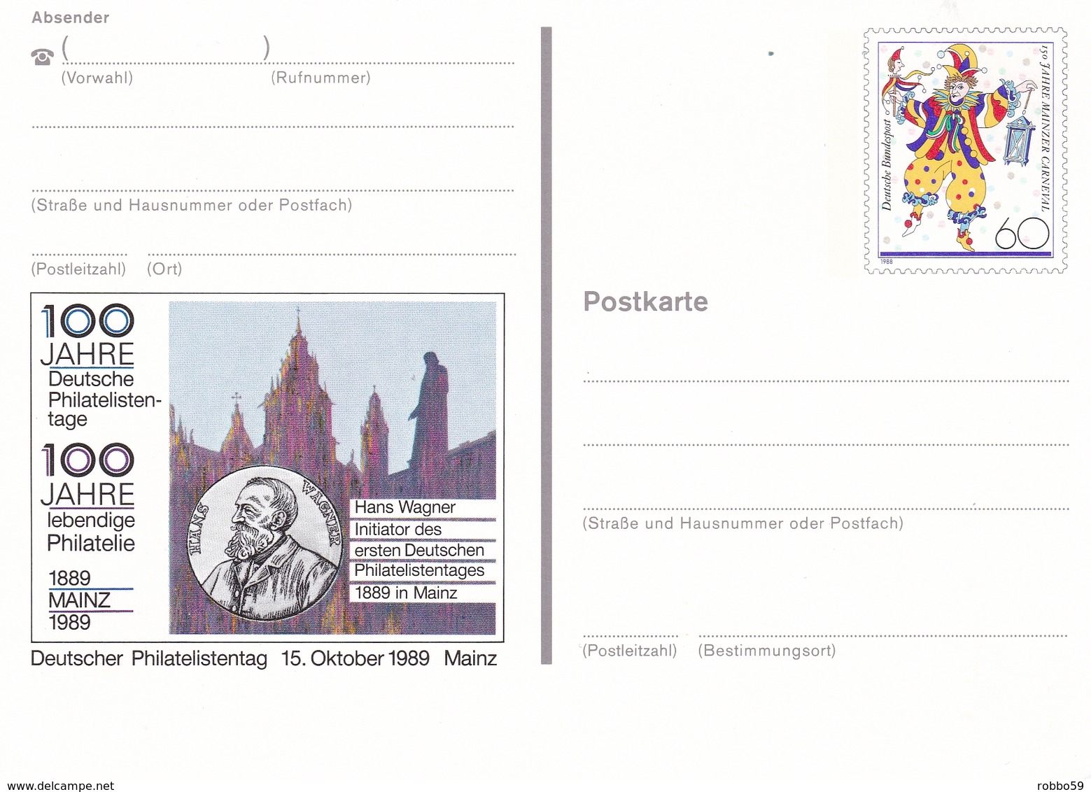 Germany 1989 Mainz 100 Jahre Deutsche Philatelistentage 60pfg Postal Stationary Postcard - Covers & Documents