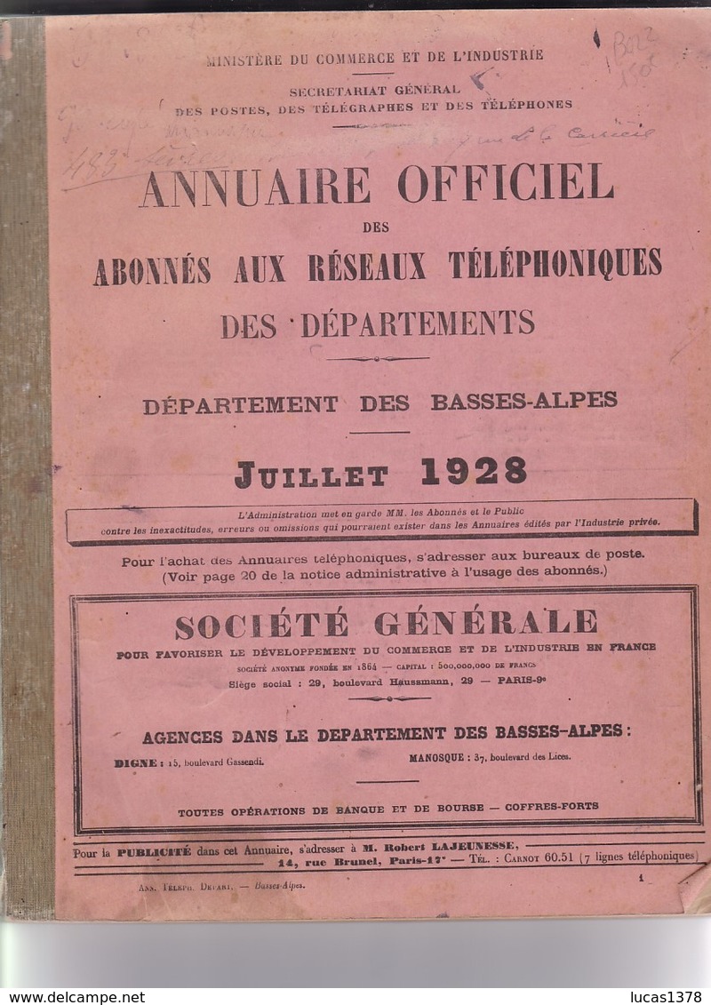 INTROUVABLE ANNUAIRE OFFICIEL REGION SUD EST 1928 DES ABONNES AUX RESEAUX TELEPHONIQUES / DEPARTEMENTS 04/05/06/13/26/83 - Annuaires Téléphoniques