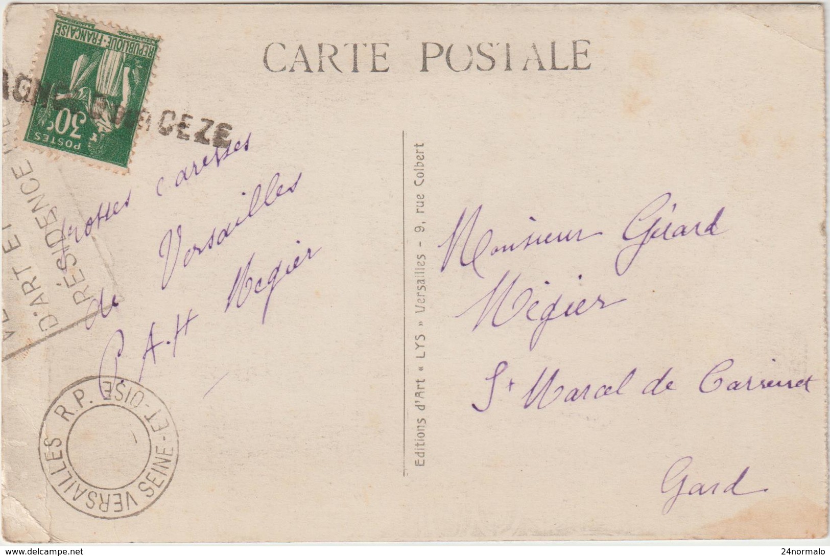 CP 30c Paix OMEC Sans Dateur Versailles, Annulation Linéaire Bagnols Sur Cèze Gard - 1877-1920: Semi Modern Period
