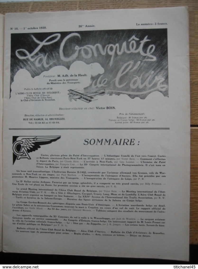 LA CONQUETE DE L'AIR 1930 N°10-COSTES & BELLONTE PARIS-NEW-YORK-Pub. PHILIPS-DORNIER D 1422-Personnel SABENA Au CONGO - Avion