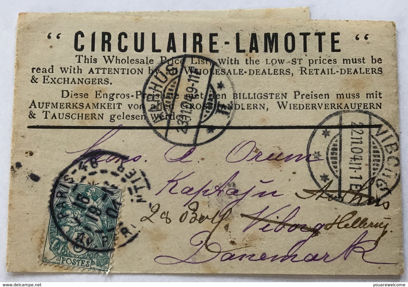 France 5c Type Blanc Imprimé MARCHAND DE TIMBRES LAMOTTE 1904 (lettre Cover Brief Stamp Dealer, Briefmarkenhändler - 1877-1920: Semi-Moderne