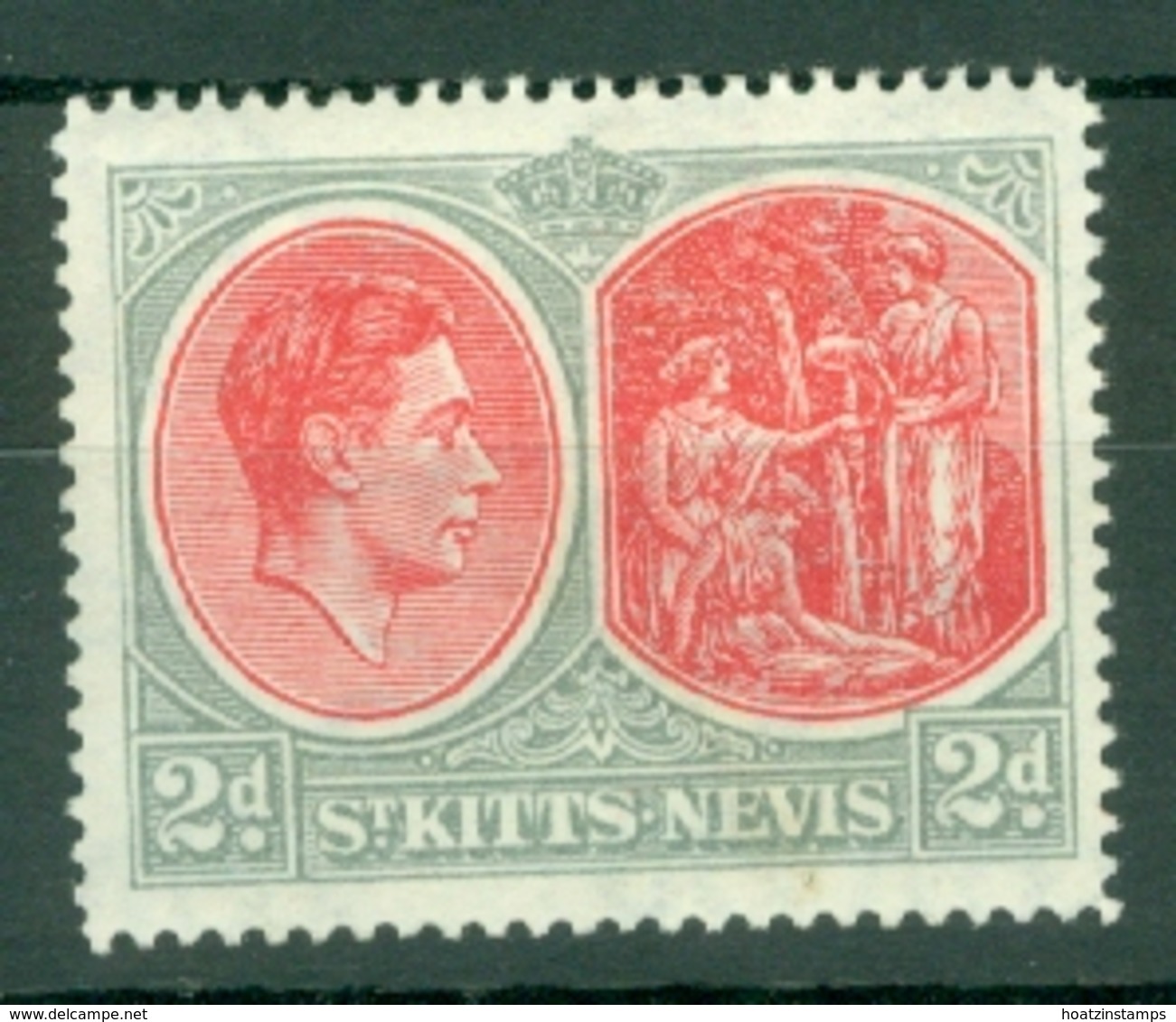 St Kitts-Nevis: 1938/50   KGVI    SG71b    2d  Scarlet & Pale Grey  [Perf: 14]  MH - St.Christopher-Nevis-Anguilla (...-1980)