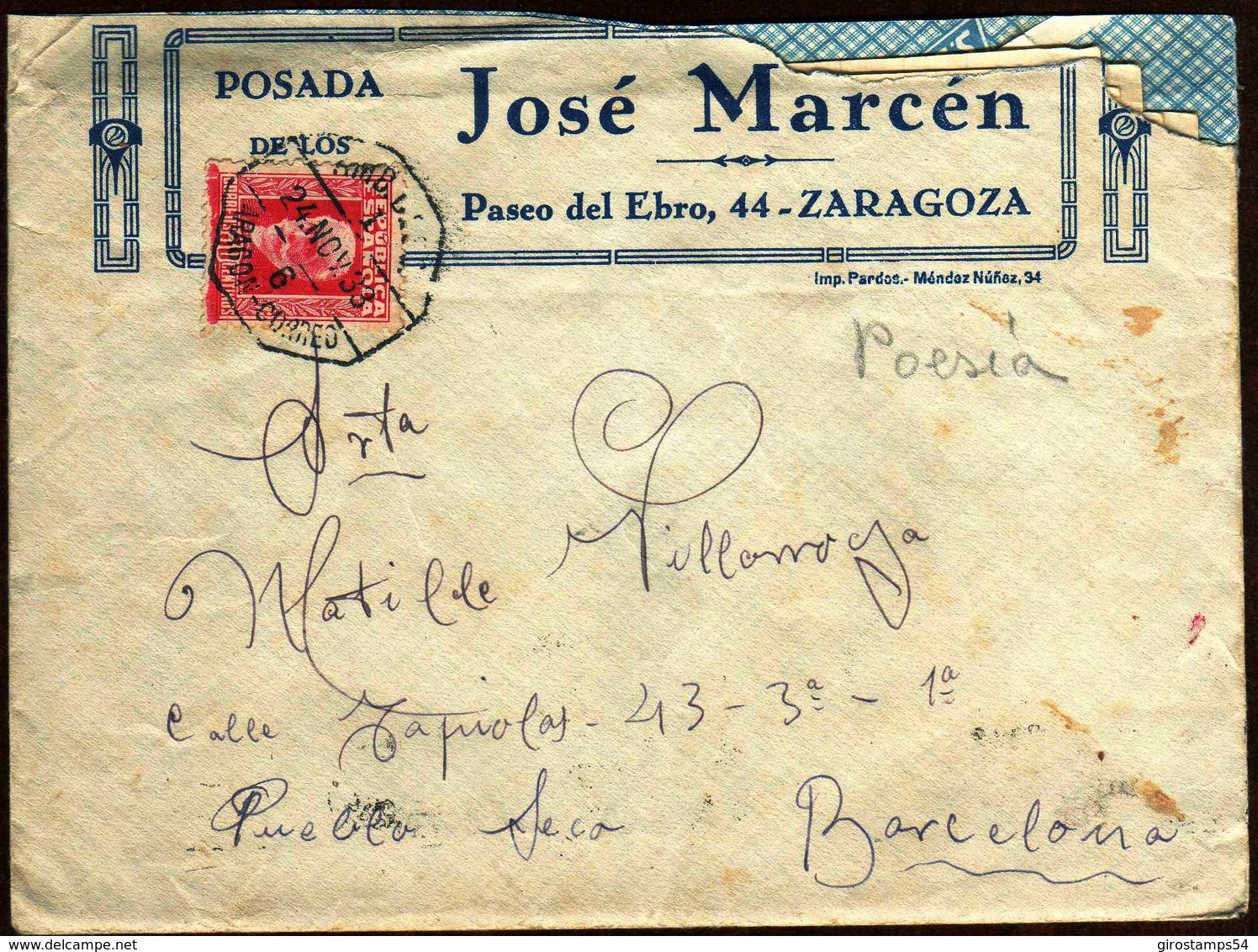 Girostamps54.- ESPAÑA .- ESPAÑA .- CARTA DE LA POSADA DE JOSE MARCEN DE ZARAGOZA CIRCULADA EN ABULANTE ARAGON-CORREOS - Cartas & Documentos