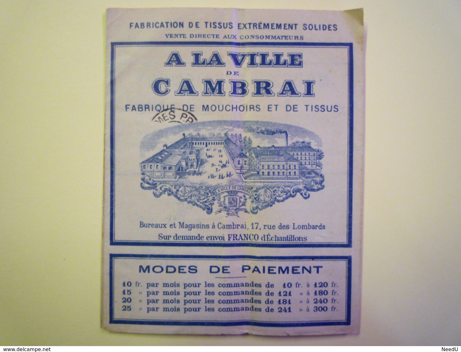 GP 2019 - 1058  "A La Ville De Cambrai"  Fabrique De Mouchoirs Et De Tissus"  Dépliant PUB 5 Volets  XXXX - Publicités
