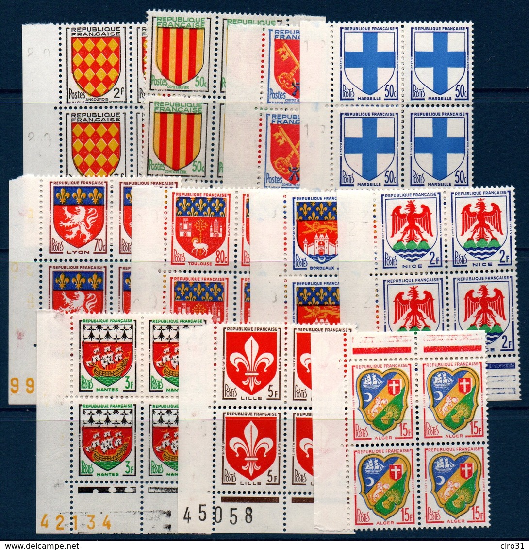 FR Lot De Blocs De 4 Coin De Feuille Ou Bord De Feuille De Timbres "blasons" Années 50 ** MNH - Neufs