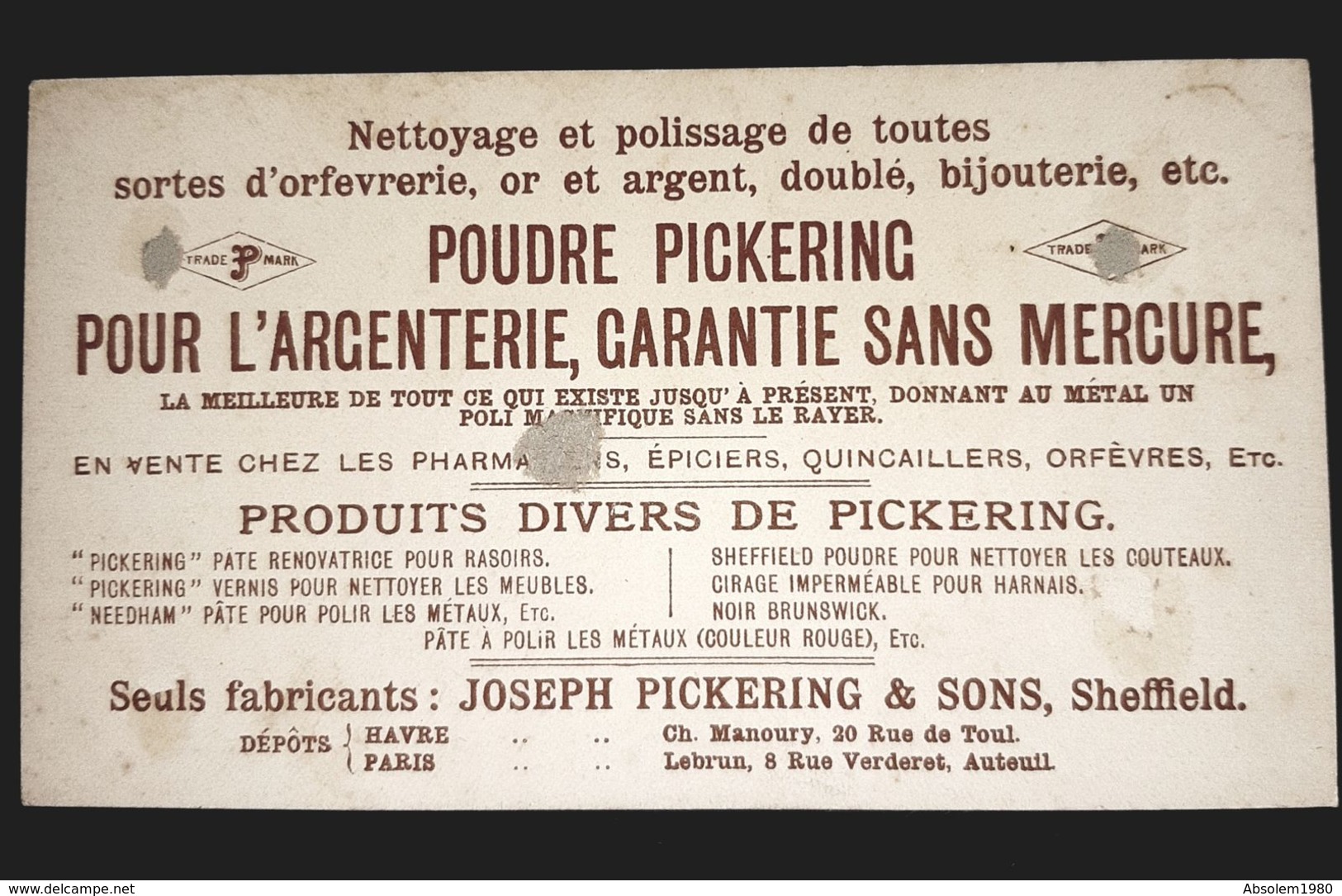 POUDRE JOSEPH PICKERING & SON SHEFFIELD POUDRE POLLISSAGE OR ARGENT CARTE VISITE ILLUSTREE LUTIN NAINS ENGLISH STORE - Cartoncini Da Visita