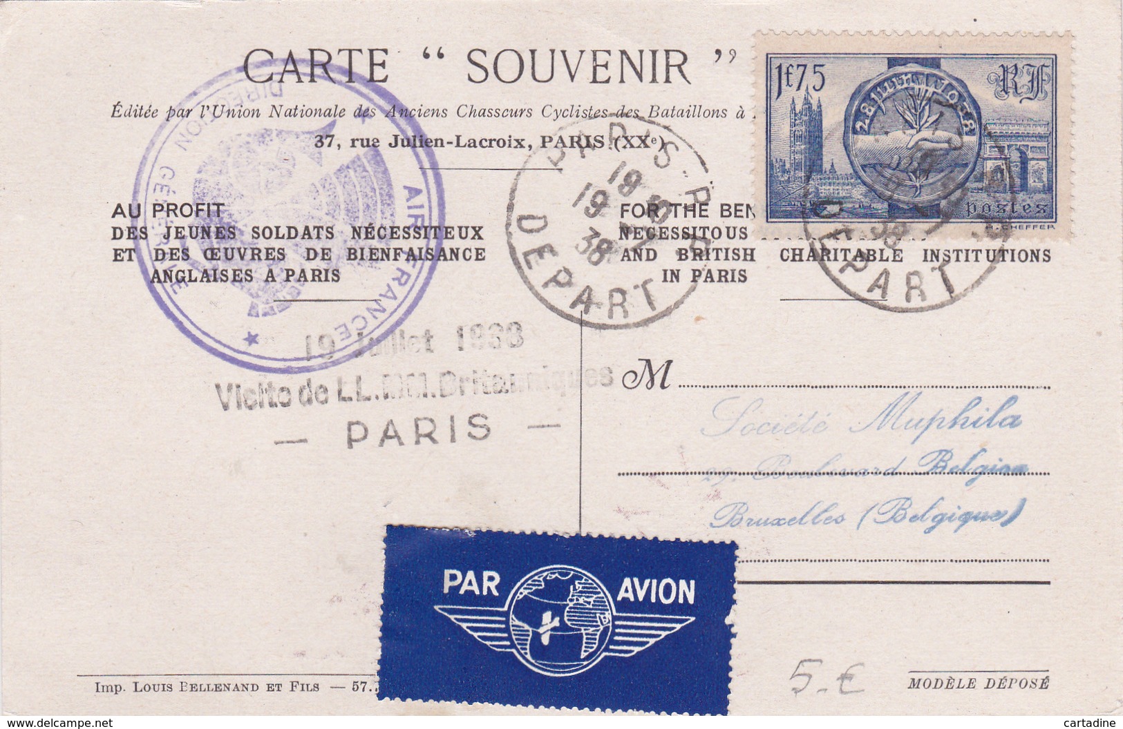 CPA - Carte Souvenir Londres - Paris  -  1938 - Cachet Air France - Souvenir De...