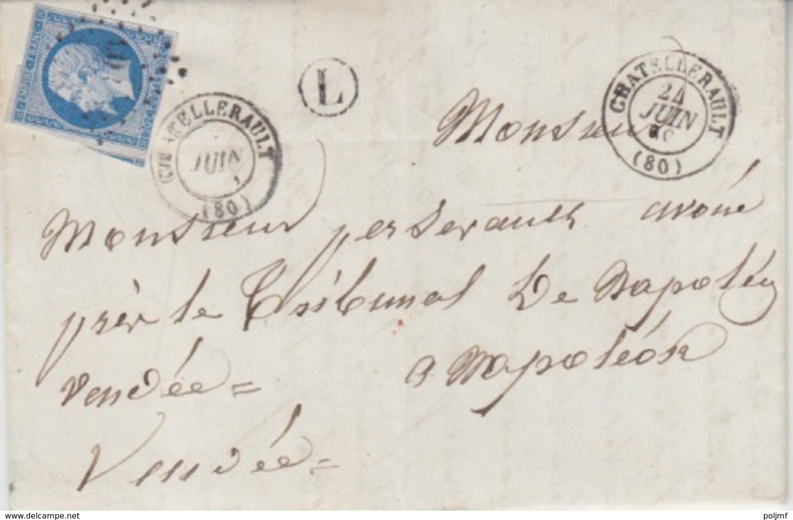 Lettre Obl. T15 Chatellerault + PC 803 Le 24 Juin 59 Sur N° 14 (20c Bleu) Pour Napoléon + Facteur Boîtier L (Viré) - 1849-1876: Période Classique